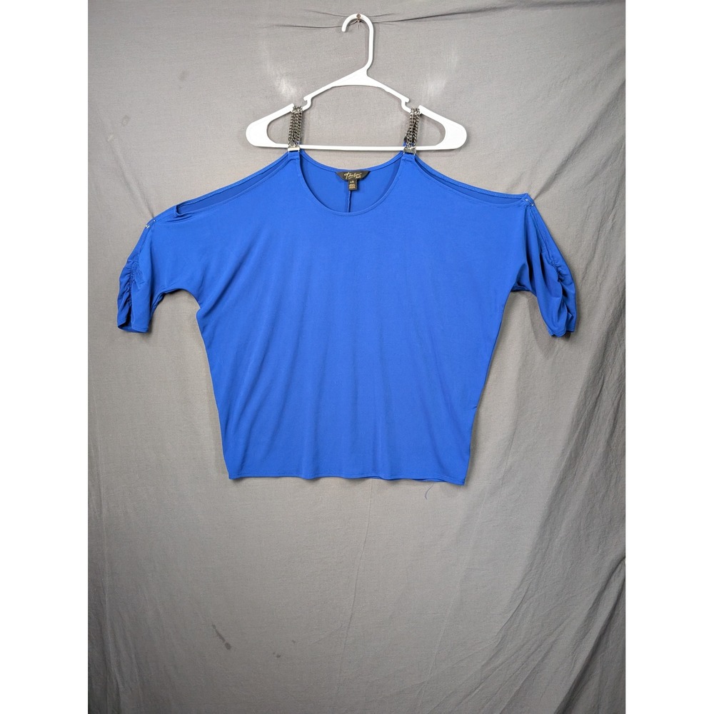 Thalia Sodi Womens Blue Cold Shoulder Chain Strap Ruched Blouse L 7340